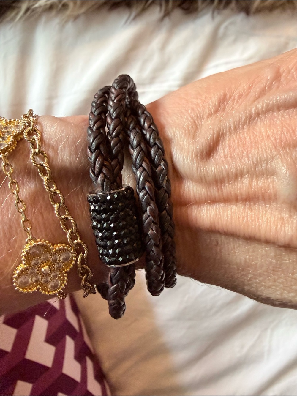 Braided Brown Leather Wrap Bracelet/Necklace with Black Pave Accent
